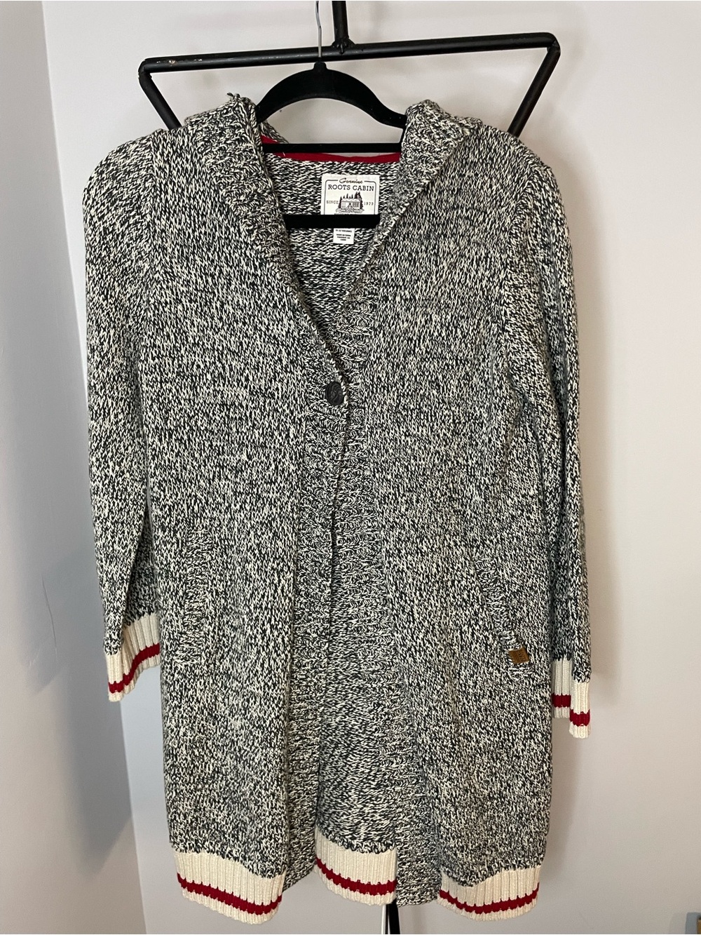 Roots Black & White Marled Hooded Cardigan with Red Trim